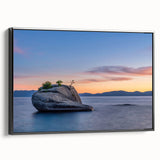 Black and white framed canvas of Lake Tahoe landscape, ideal for bedroom wall decor.