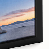 Extra large framed canvas of Lake Tahoe with textured, colorful art on a black background, ideal for living room decor.