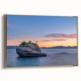 Landscape painting of Lake Tahoe on a framed canvas, featuring muted blues and greens, ideal for bedroom wall decor.