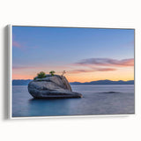 Vintage poster art of Lake Tahoe in a white framed canvas, featuring colorful landscape, ideal for living room decor.