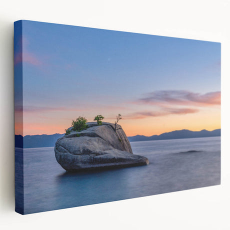 Scenic Lake Tahoe landscape on large stretched canvas, featuring cool blue and green tones, ideal for kitchen wall art.