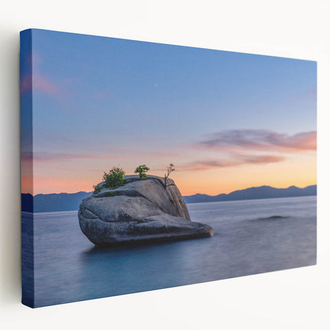 Scenic Lake Tahoe landscape on large stretched canvas, featuring cool blue and green tones, ideal for kitchen wall art.