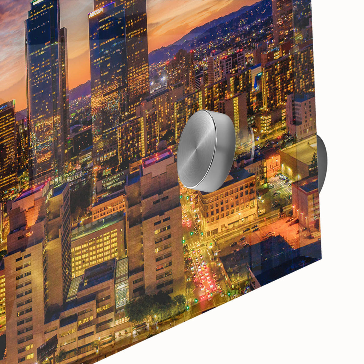 Large abstract wall art of Los Angeles skyline in muted tones on acrylic glass, ideal for dining room ambiance.