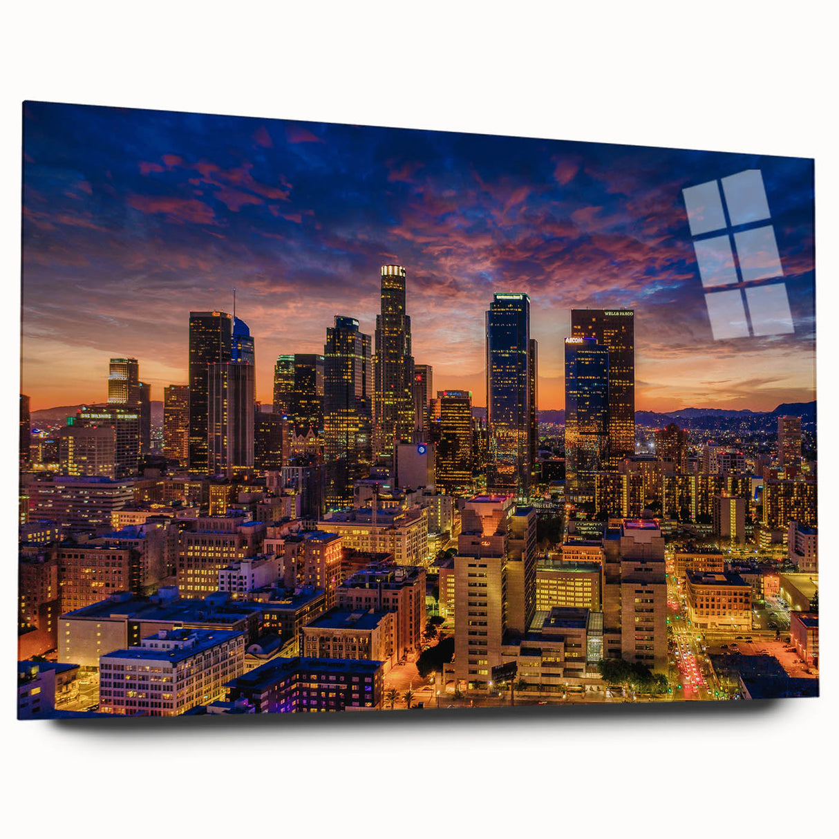 Acrylic print of a large abstract depiction of Los Angeles in muted blue and gray tones.