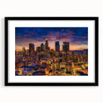 Extra large, textured abstract art print of colorful Los Angeles scenery on a black framed canvas.