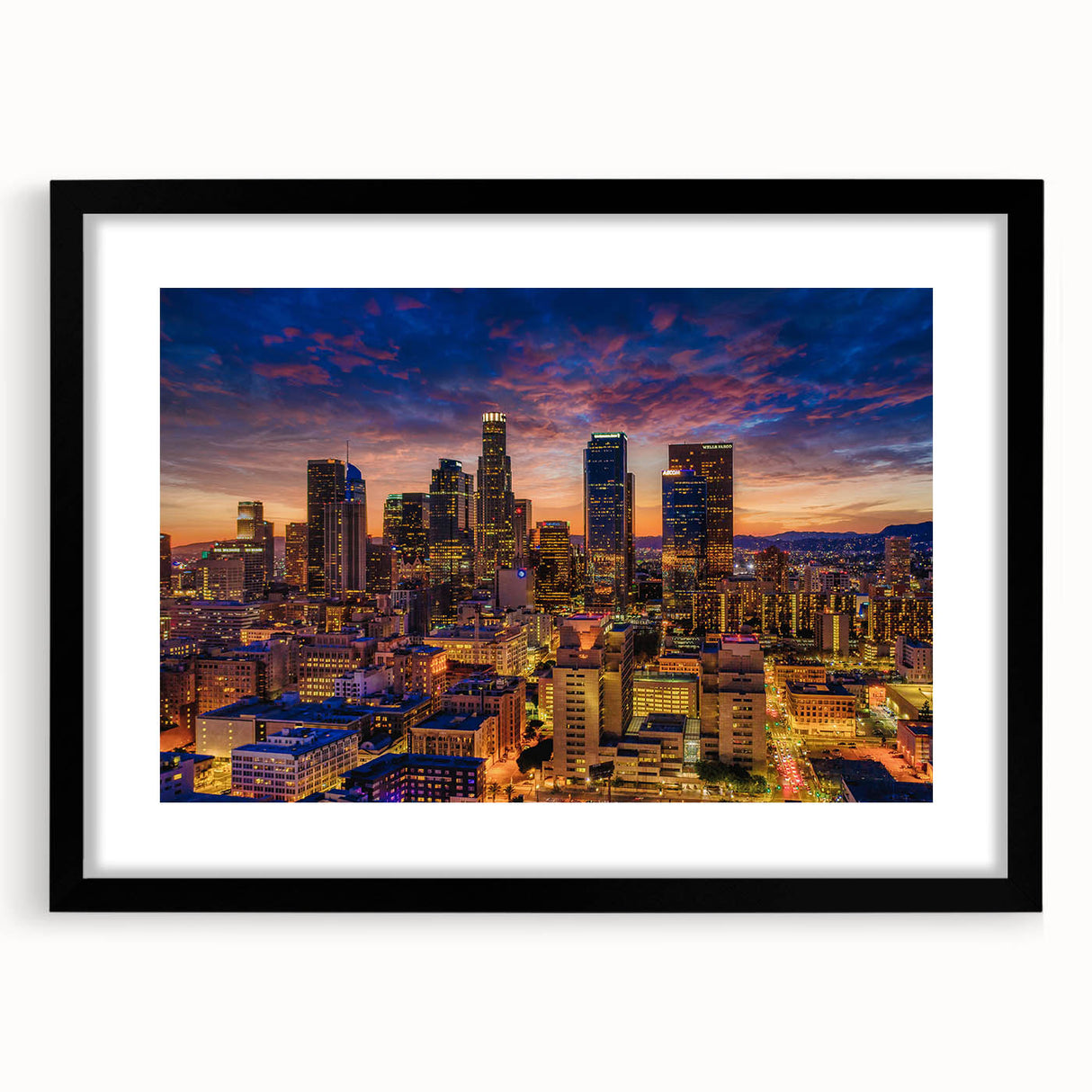 Extra large, textured abstract art print of colorful Los Angeles scenery on a black framed canvas.