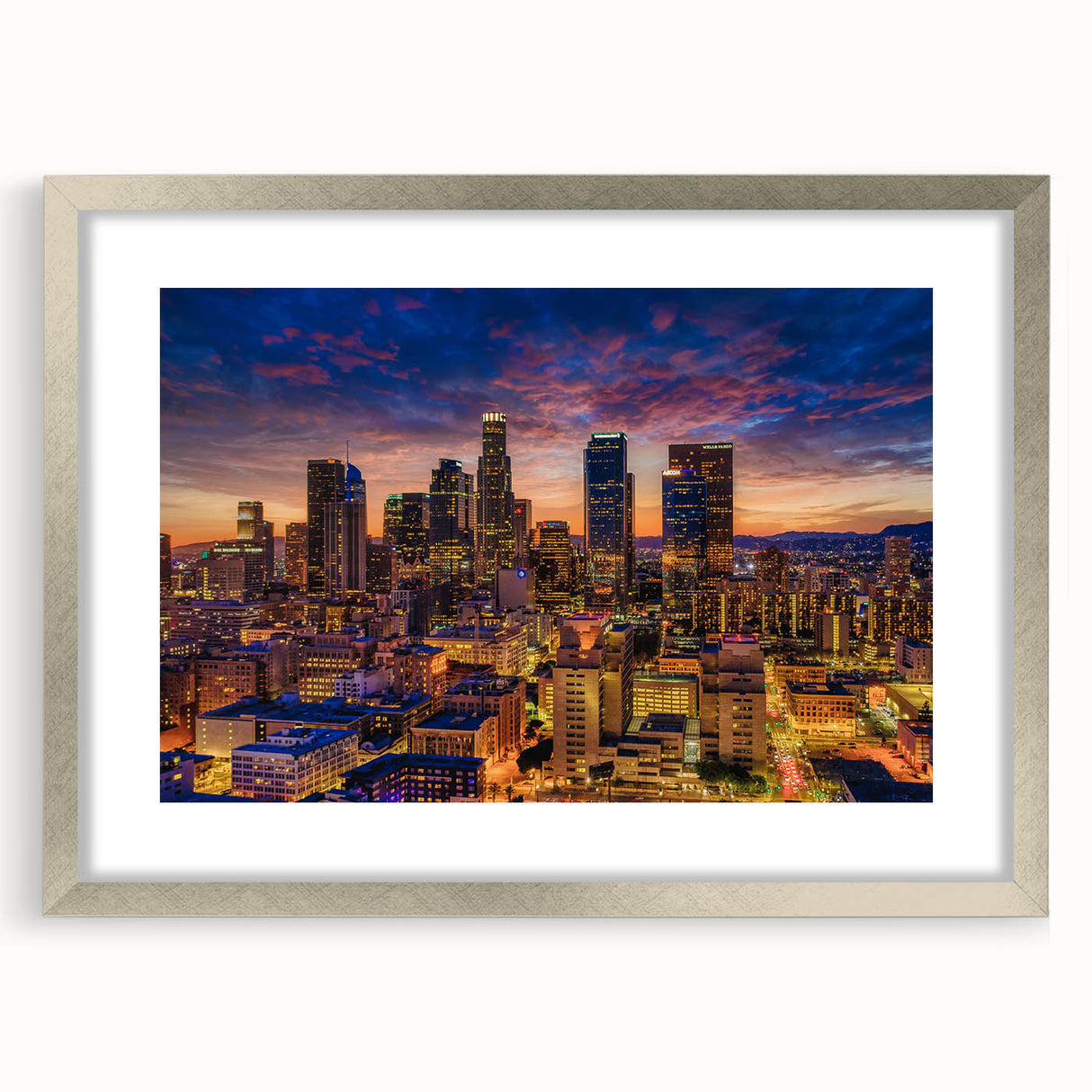 Textured abstract art print of Los Angeles skyline in muted gray tones on a silver-framed mat, ideal for bedroom art.