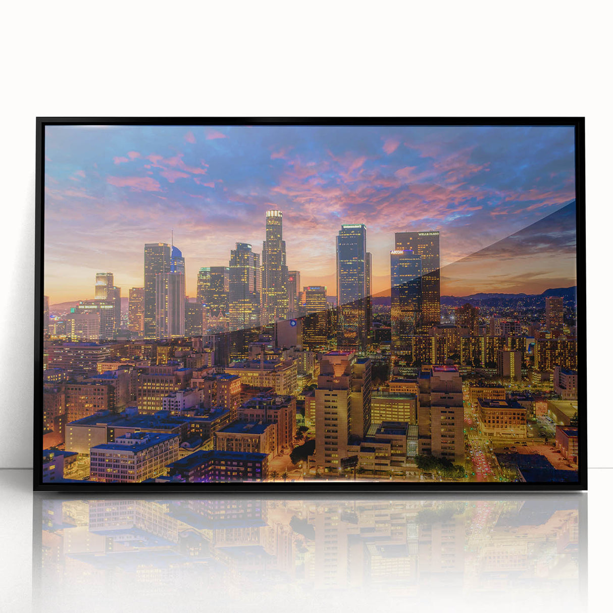 Large abstract wall art depicting Los Angeles skyline in muted gray tones on framed acrylic.