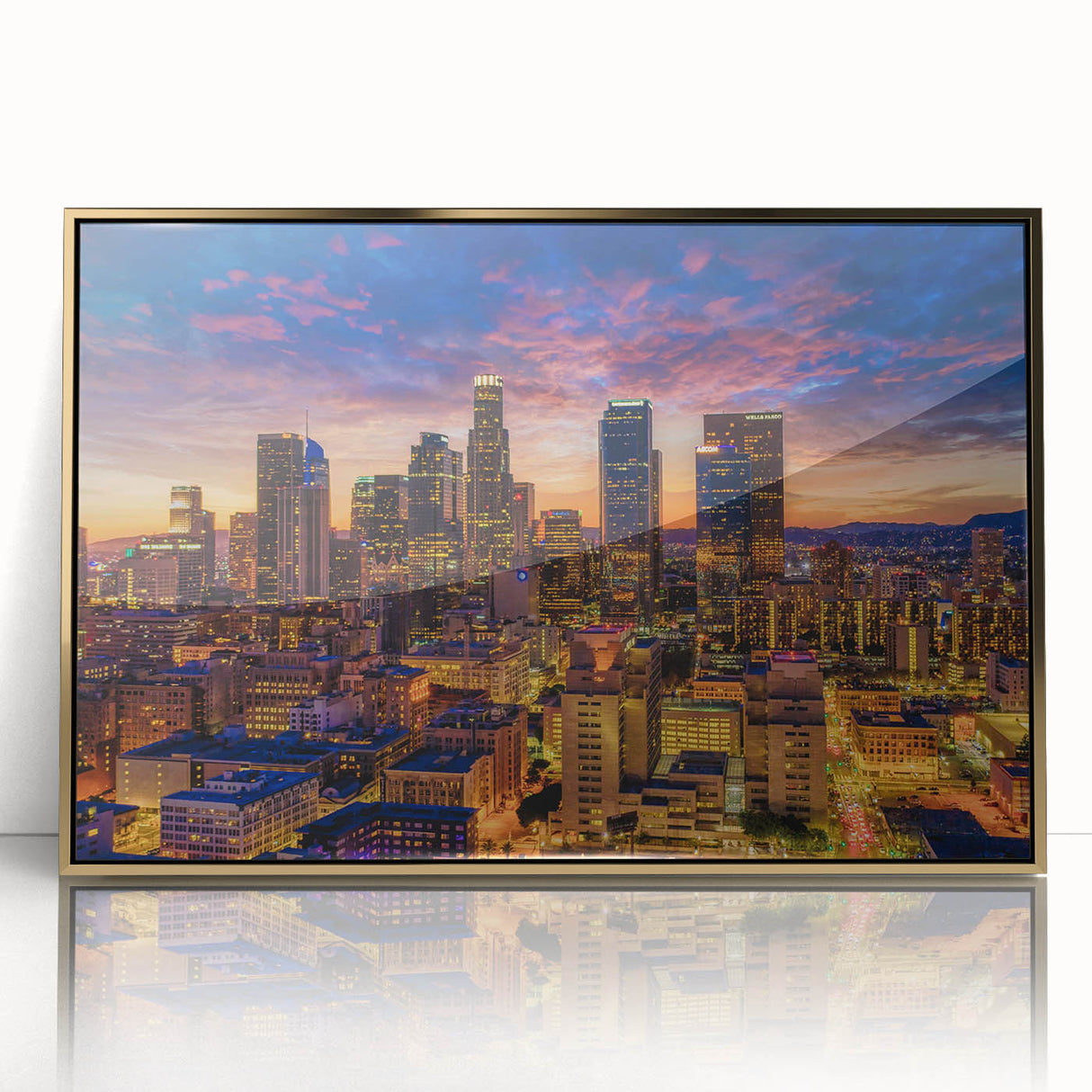 Framed acrylic print of Los Angeles skyline in gold and blue tones, ideal for modern art wall decor.