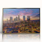 Framed acrylic print of Los Angeles skyline in gold and blue tones, ideal for modern art wall decor.