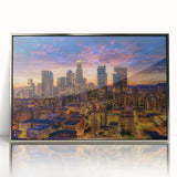 Mid-century modernist art depicting the Los Angeles skyline in muted silver tones on a framed acrylic panel.