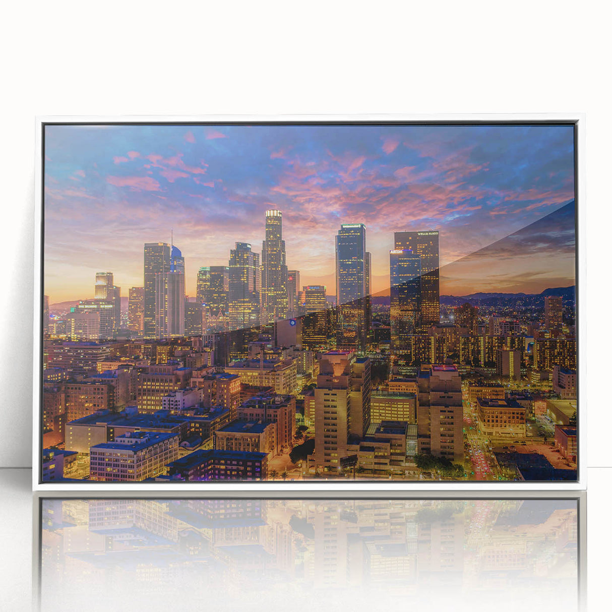 Acrylic framed poster of Los Angeles with art deco elements in muted colors, suitable for modern art wall decor.