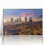 Acrylic framed poster of Los Angeles with art deco elements in muted colors, suitable for modern art wall decor.