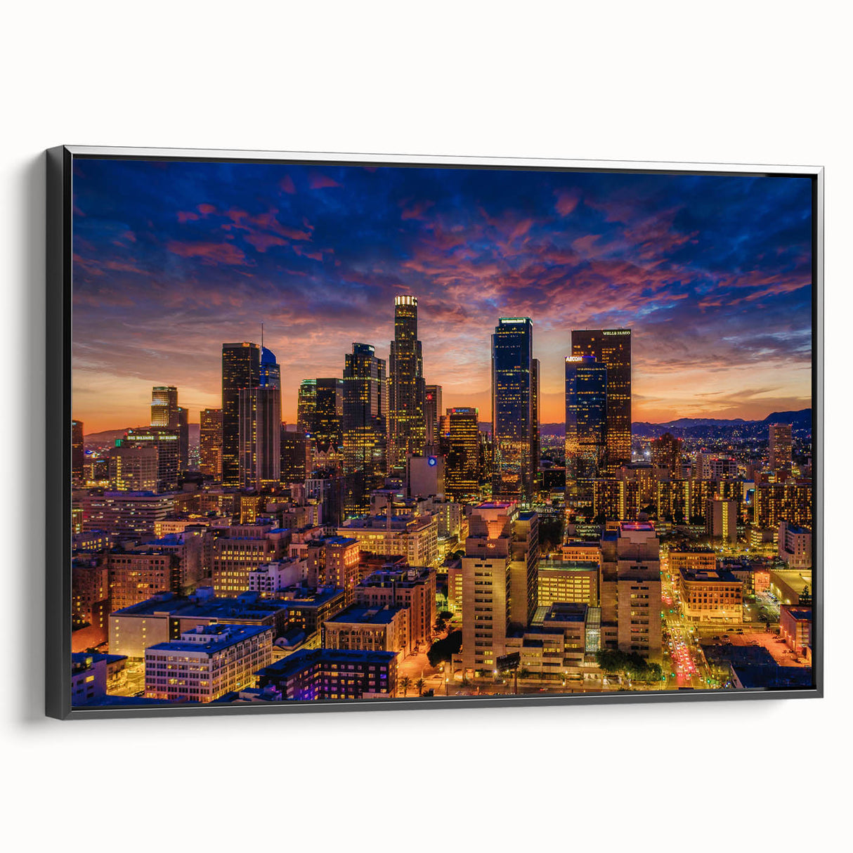 Black and white framed canvas of Los Angeles landscape, ideal for bedroom wall art.