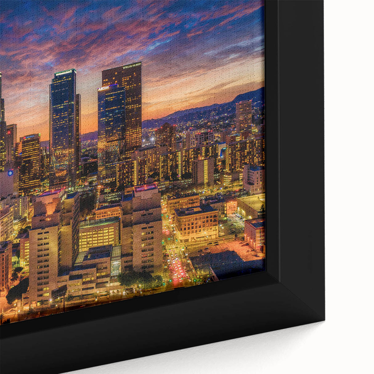 Extra large black wall art featuring a textured depiction of the Los Angeles skyline, with vibrant colorful accents.