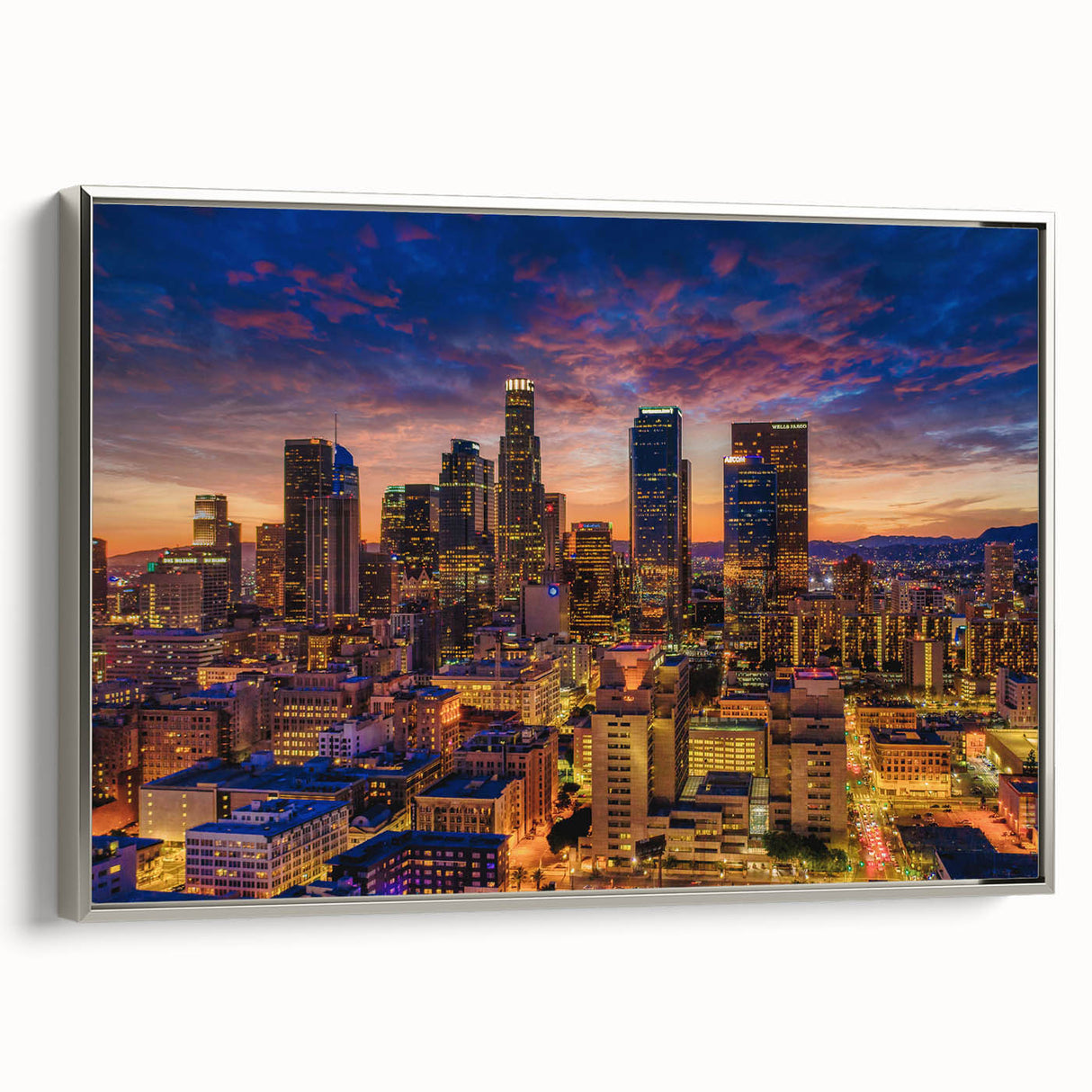 Framed canvas landscape art painting of Los Angeles featuring vintage poster style with vibrant colors on a black background.