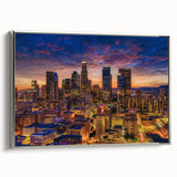 Framed canvas landscape art painting of Los Angeles featuring vintage poster style with vibrant colors on a black background.