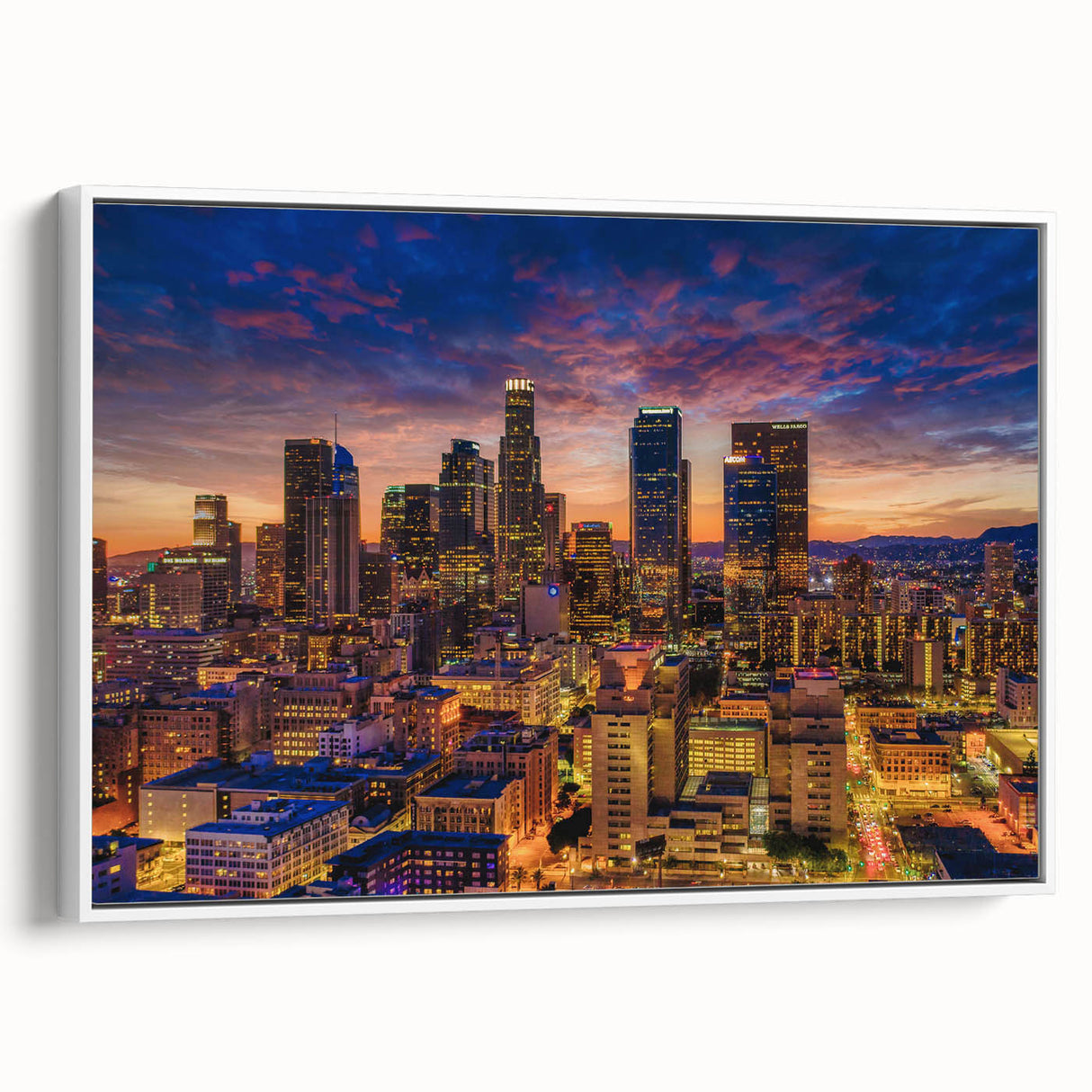Vintage poster art of Los Angeles skyline in vibrant colors on a framed canvas, ideal for living room decor.