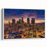 Vintage poster art of Los Angeles skyline in vibrant colors on a framed canvas, ideal for living room decor.