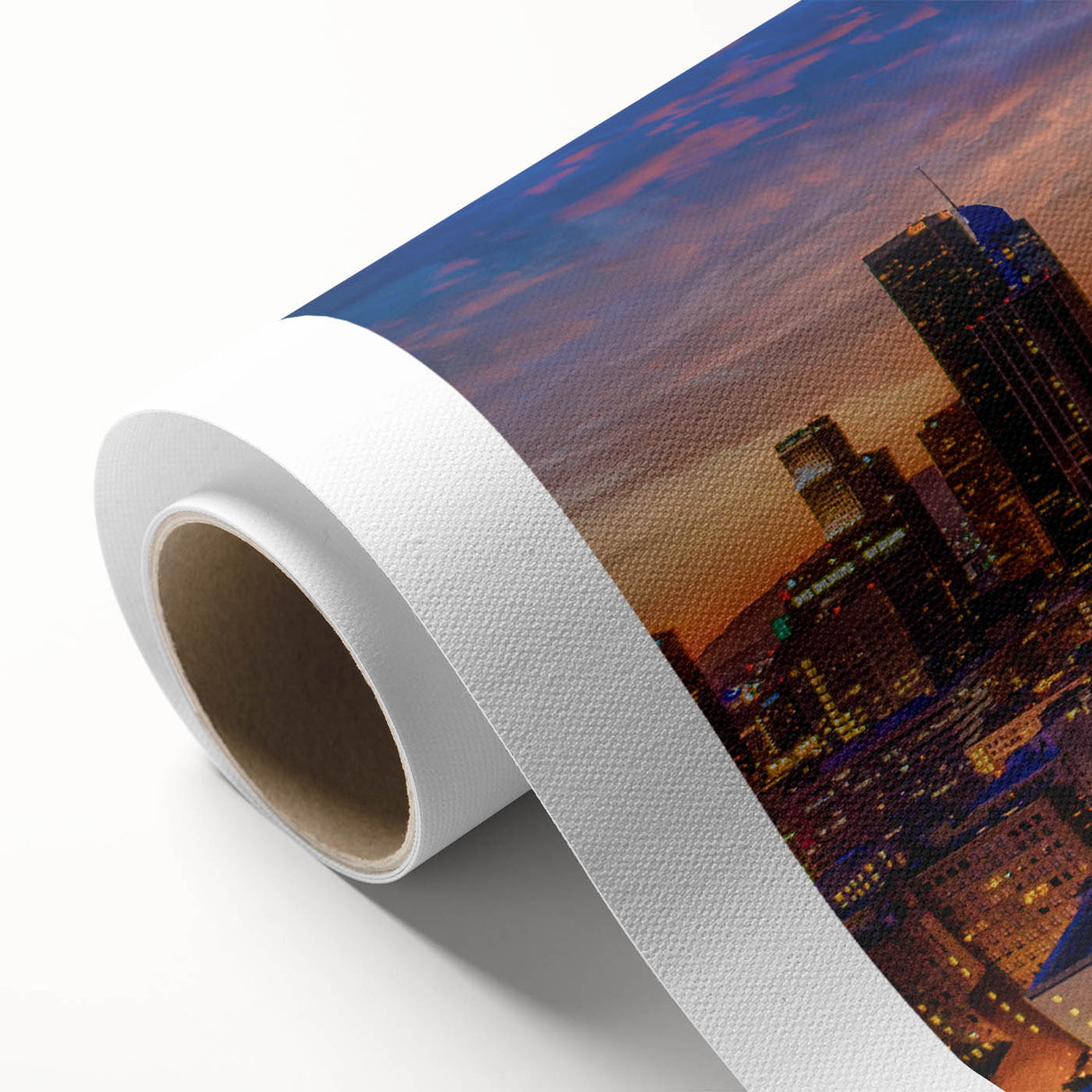Art Deco style poster of Los Angeles skyline in pastel hues on rolled canvas, ideal for nursery wall art.