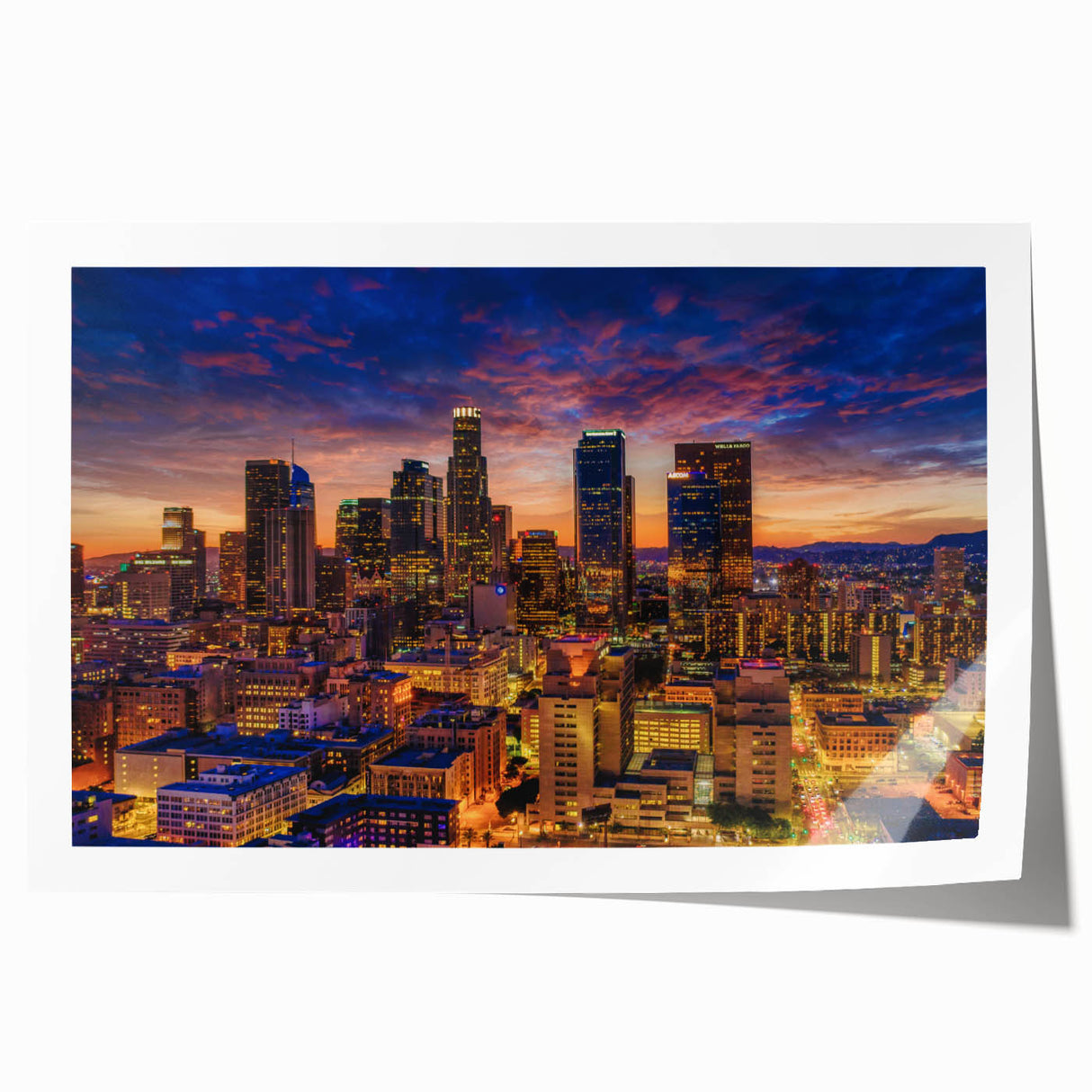 Rolled print of Los Angeles skyline in muted gray and blue tones, suitable for art wall dining room.