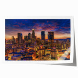 Rolled print of Los Angeles skyline in muted gray and blue tones, suitable for art wall dining room.