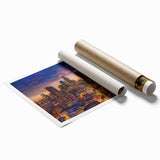 Extra large rolled canvas depicting Los Angeles skyline with vibrant sunset hues, ideal for large living room wall art.