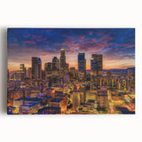Black and white photograph of Los Angeles skyline on large stretched canvas, suitable for kitchen wall art.