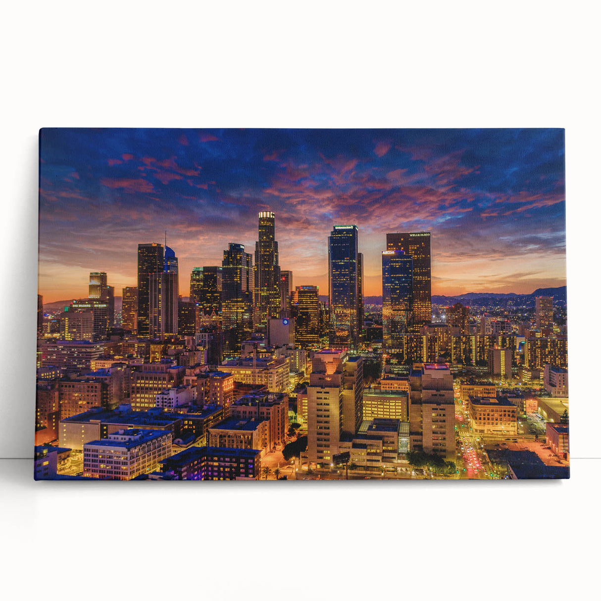 Black and white photo of Los Angeles skyline on large stretched canvas, ideal for kitchen wall art or bedroom decor.