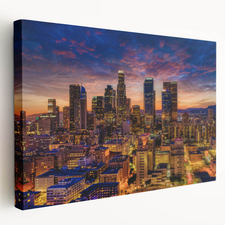 Large canvas print of Los Angeles skyline in muted gray and blue tones, suitable for kitchen wall art.