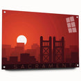Acrylic glass print of a large abstract depiction of Sacramento scenery, in muted earth tones.