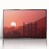 Mid-century modernist art depicting Sacramento scenery in pastel shades on silver-framed acrylic.