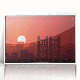 Art deco style poster of Sacramento skyline in muted earth tones on a white acrylic framed print.