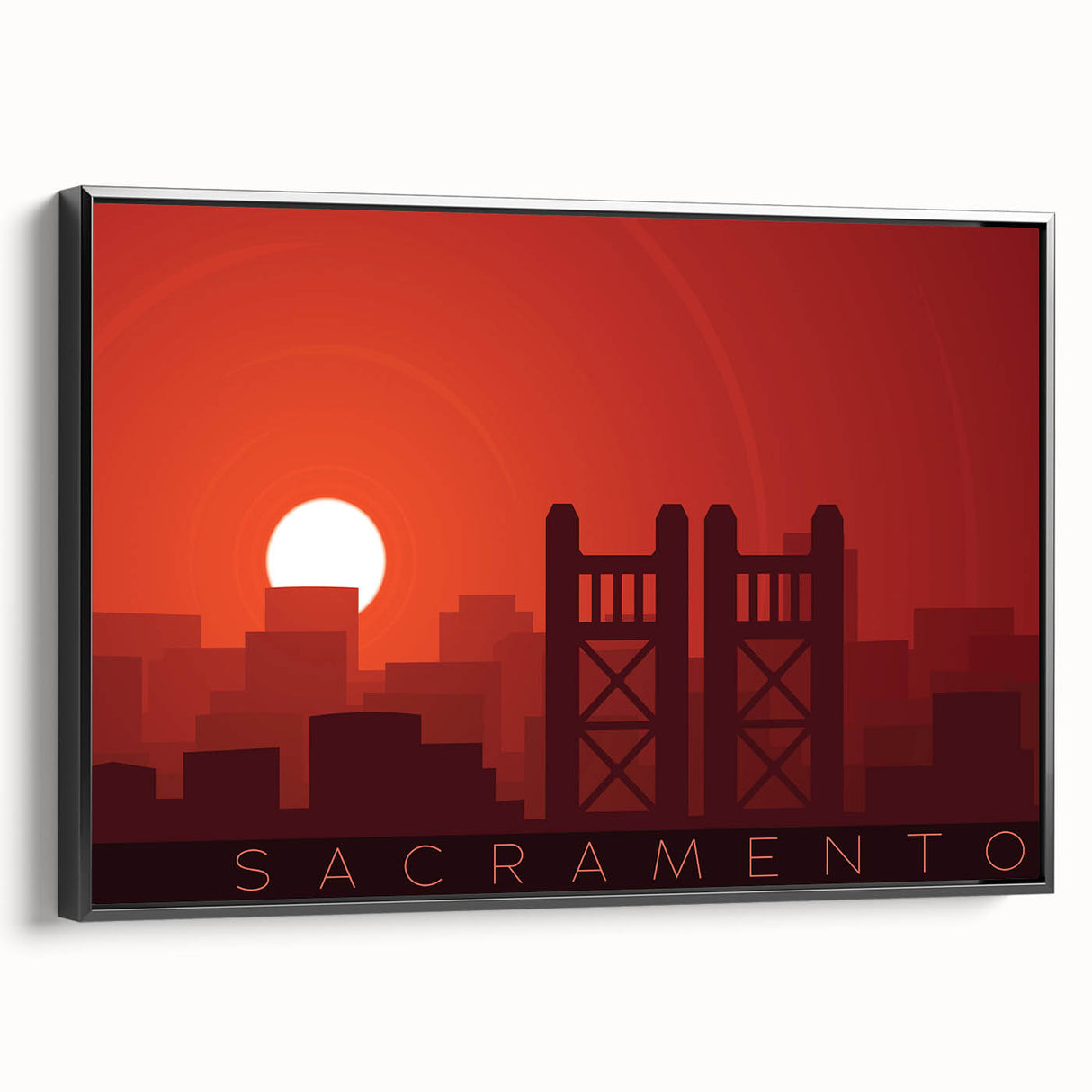 Black and white vintage poster art of Sacramento landscape on framed canvas, suitable for bedroom decor.