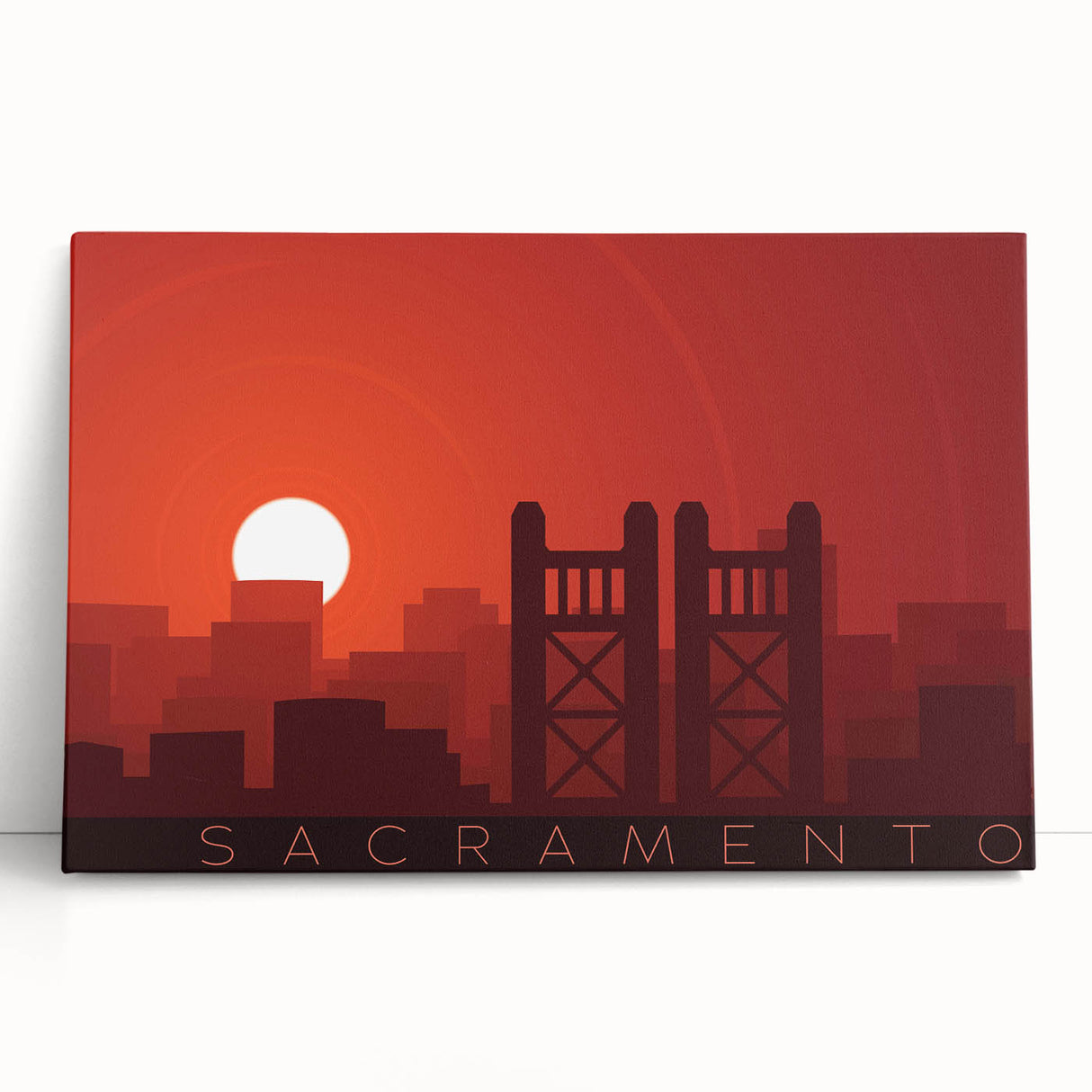 Black and white photo of Sacramento skyline on stretched canvas, ideal for kitchen wall art or bedroom decor.