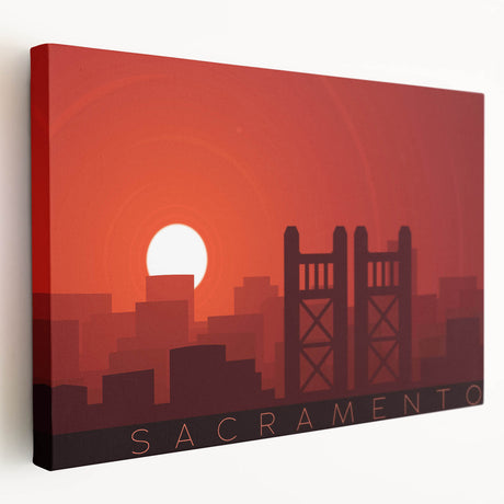 Large art depicting the Sacramento skyline in muted blue and gray tones on stretched canvas, ideal for kitchen wall decor.