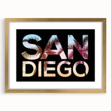Extra large abstract art print of San Diego scenery in gold frame with textured details, suitable for living room decor.