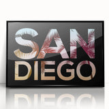 Large abstract wall art of San Diego skyline in muted gray and blue tones on a framed acrylic.