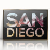 Large art print of San Diego scenery in mid-century modernist style, with muted gold and blue tones on acrylic.