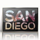 Mid-century modernist art depicting San Diego skyline in muted blues and grays on a framed acrylic print.
