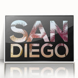 Acrylic framed art deco poster of San Diego scenery in muted colors, ideal for modern nursery wall decor.