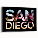 Black and white framed canvas featuring a vintage-style San Diego landscape, ideal for bedroom wall art.