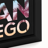 Extra large framed canvas featuring a textured depiction of the San Diego skyline in black with colorful accents.