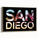 Framed canvas featuring a vintage-style San Diego landscape with gold and black tones, ideal for bedroom wall art.