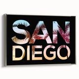 Framed canvas of a vintage San Diego landscape painting in colorful tones, ideal for living room decor.