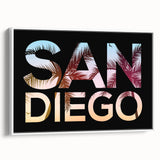 Extra large framed canvas featuring vintage poster art of San Diego scenery in colorful hues, ideal for living room decor.