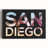 Black and white stretched canvas of San Diego skyline, suitable as large kitchen wall art.
