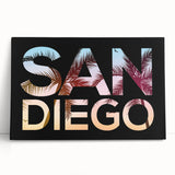 Black and white photograph of San Diego skyline on large stretched canvas, ideal for kitchen wall art.