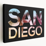 San Diego skyline depicted in muted blue and gray hues on a large stretched canvas, suitable for kitchen wall art.
