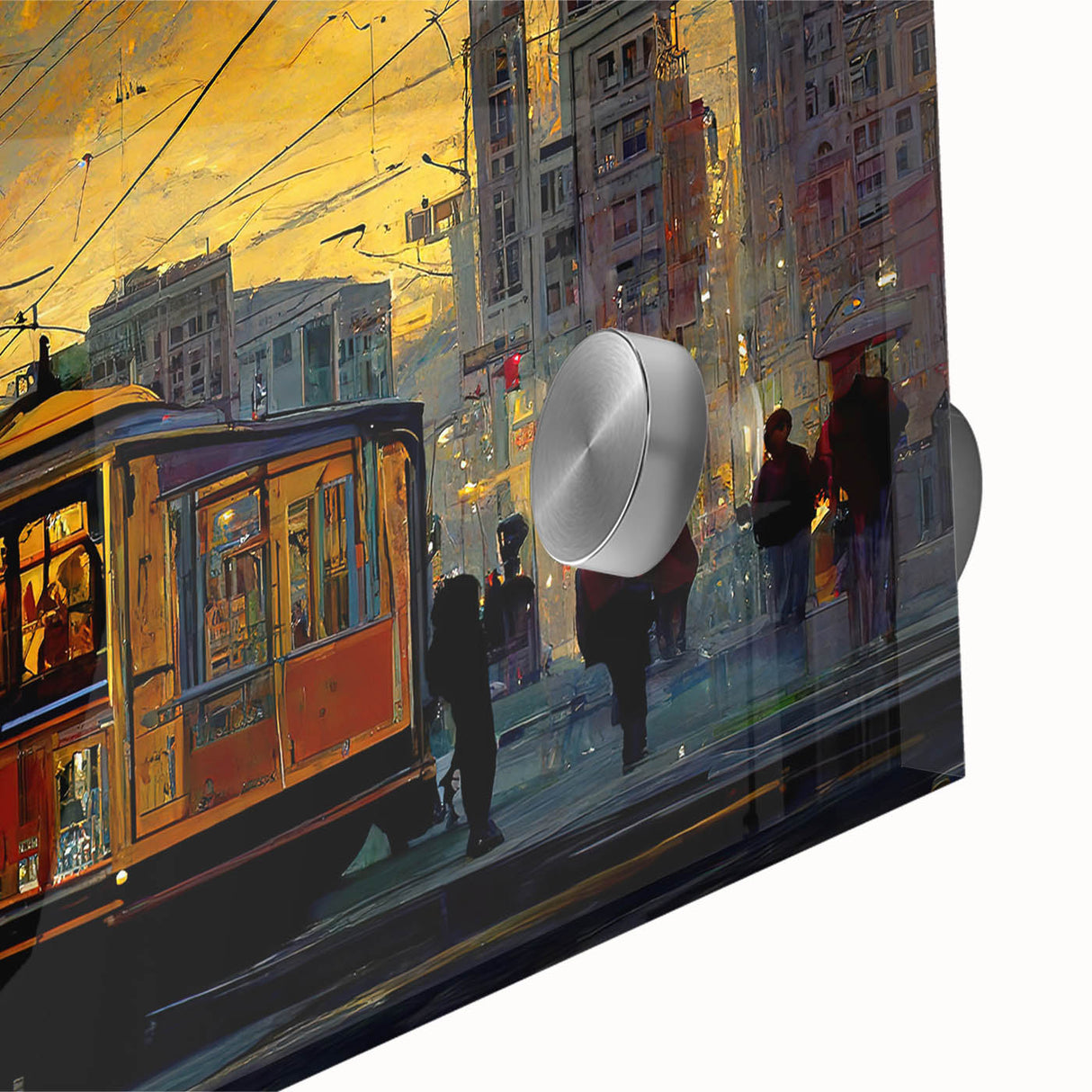 Large abstract depiction of San Francisco skyline in muted blues on acrylic glass, ideal for dining room art.